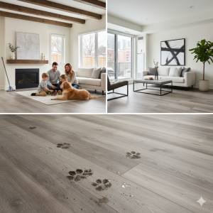 Modern living room with light oak luxury vinyl plank flooring in St. Catharines
